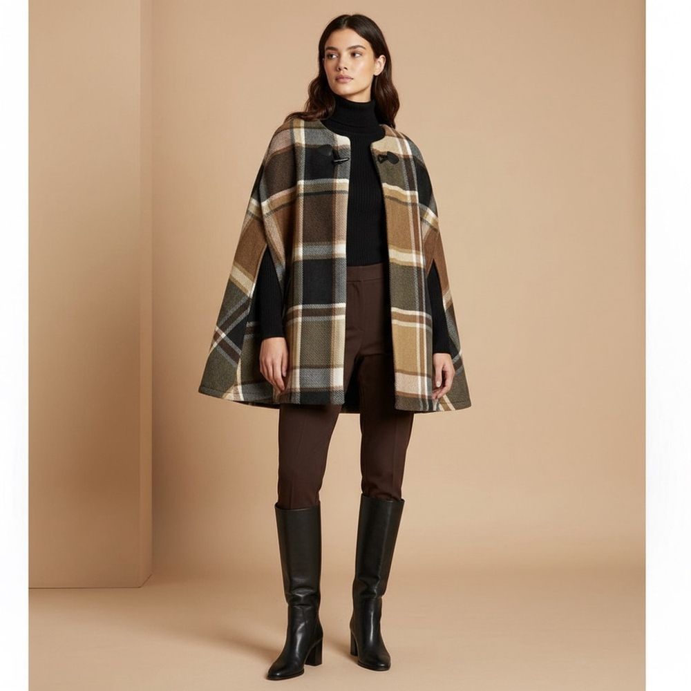 Rachel Roy Classic Fleece Plaid Cloak Sleeve Toggle Front Cape Coat Small Medium
